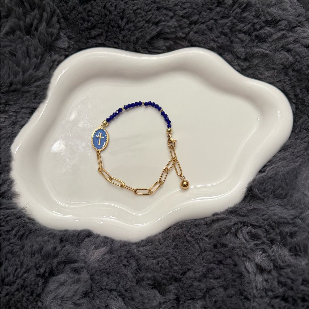 Elegant Gold Cross and Blue Chain Bracelet